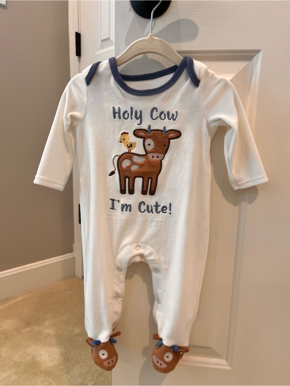 Baby Starters White and blue  'Holy Cow I'm Cute' Footed One-Piece